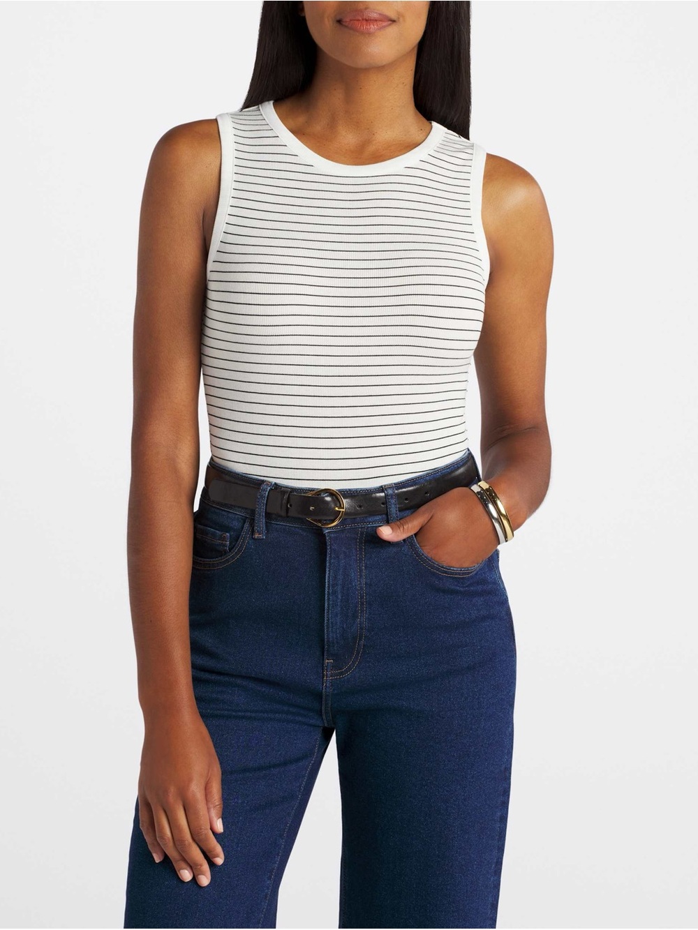 Striped Ribbed Sleeveless Bodysuit - White/Black